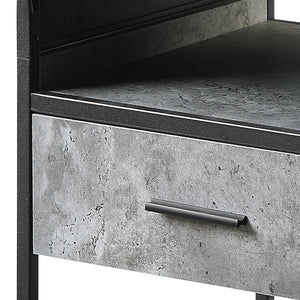 English Elm Concrete Grey and Black End Table with Drawer and Open Shelf, Industrial Metal Frame, Curved Edges B062P185653