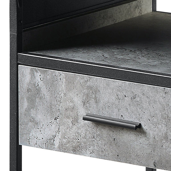 English Elm Concrete Grey and Black End Table with Drawer and Open Shelf, Industrial Metal Frame, Curved Edges B062P185653
