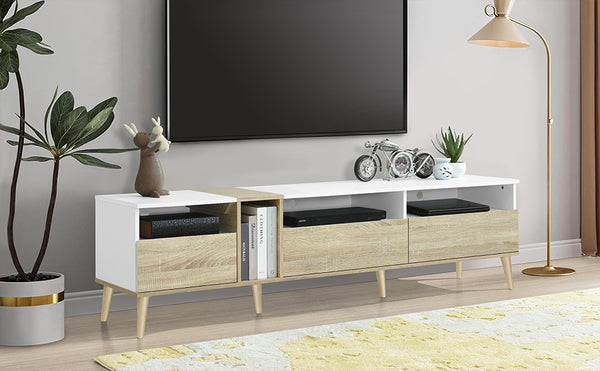English Elm Modern TV Stand with 3 Drawers & 4 Open Shelves, 80" Media Console White+Wood, Cable Management, P2 Board N710P234108K