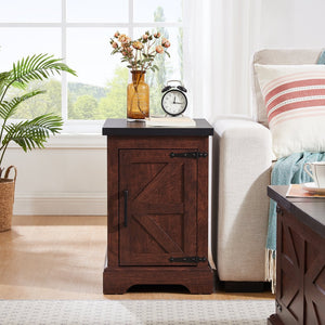 English Elm Farmhouse Rustic End Table with Barn Door Concealed Storage, Metal Handle, Retro Decor, Sturdy Base Oak W2275P192794