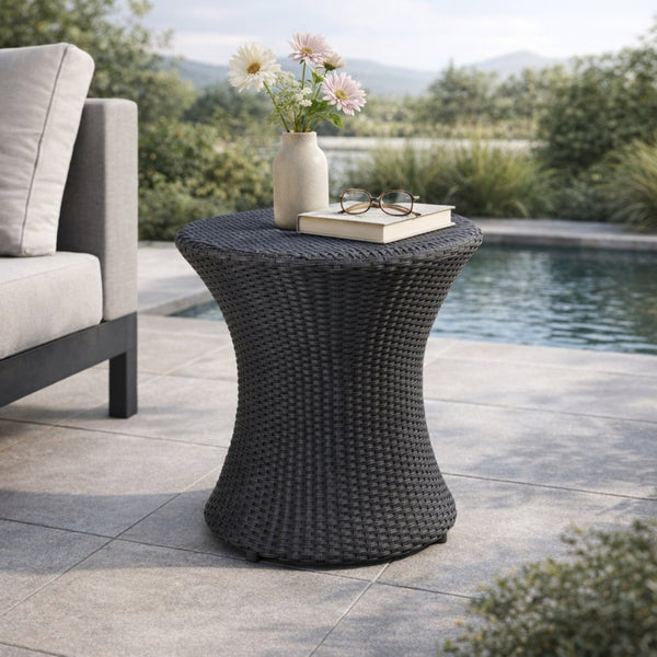 English Elm 19" Kono Hourglass Wicker Side Table Pe Rattan Sculptural Accent for Patio or Living Room Black N773P362078R