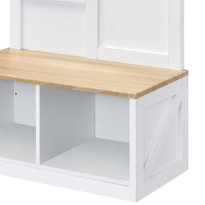 English Elm Melati Light Oak & White Hall Tree with Mirror Bench, 3 Hooks, 2 Open Shoe Storage Compartments B2726P278587