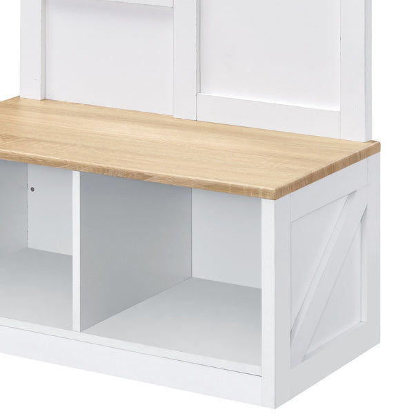 English Elm Melati Light Oak & White Hall Tree with Mirror Bench, 3 Hooks, 2 Open Shoe Storage Compartments B2726P278587