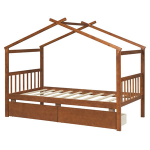 English Elm Twin House Bed Solid Pine Kids Cottage Frame with Storage Drawers Imaginative Room Walnut N708P309245L