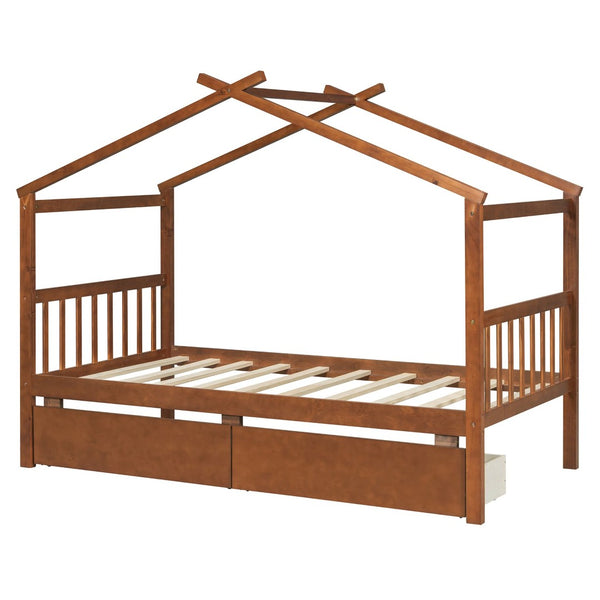 English Elm Twin House Bed Solid Pine Kids Cottage Frame with Storage Drawers Imaginative Room Walnut N708P309245L