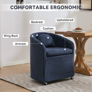 English Elm 059-Set Chenille Fabric Dining Armchair with Ergonomic Back Cushion, 360° Swivel & Smooth Wheels, Upholstered Comfort for Indoor Spaces Blue W527P242556