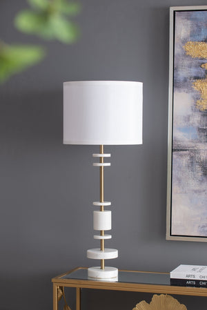 English Elm D13x32.8" White Marble Table Lamp with Brass Base & Fabric Drum Shade — Vintage Modern Accent Light W2078P399244