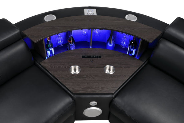 English Elm Nova Entertainment Sectional Sofa with Led Bar Fridge Console and Bluetooth Speaker Black B009S02164