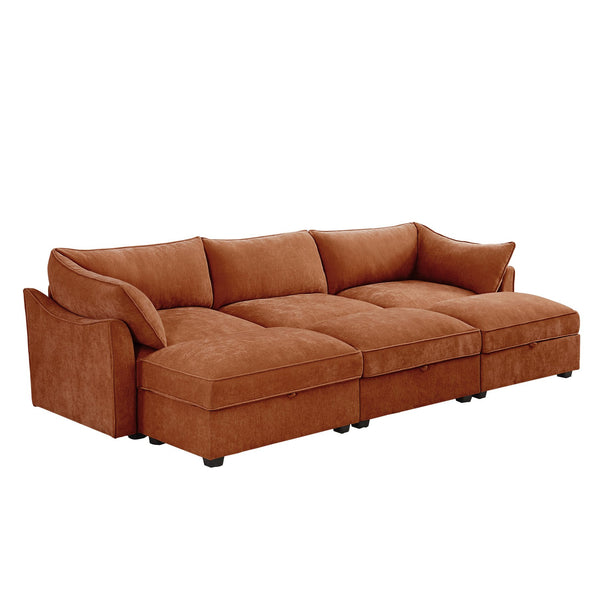 English Elm 3 Seater Sofa With 3 Ottomans, Stylish Chenille Home Theater Sleeper With Storage & Comfort Features W3041S00208