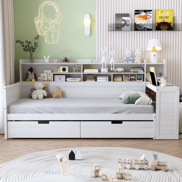 English Elm Wooden Twin Daybed with Built-In Desk, Side Shelves and Dual Drawers for Smart Space Saving Antique White 54.9 L x 18.75 W x 5.6 H N733S241484K