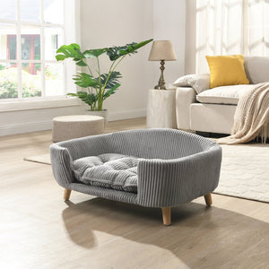 English Elm Elevated Pet Sofa with Corduroy Upholstery Rubberwood Legs and Supportive Foam for Small Dogs Grey N779P395017G