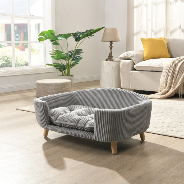 English Elm Elevated Pet Sofa with Corduroy Upholstery Rubberwood Legs and Supportive Foam for Small Dogs Grey N779P395017G