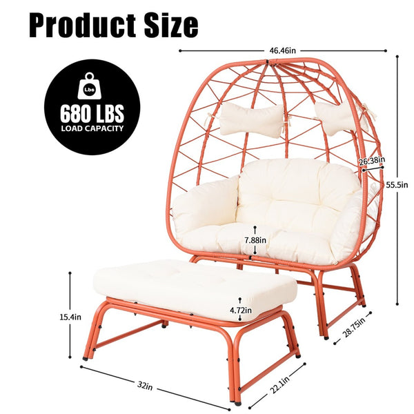 English Elm Double Egg Chair Wicker Outdoor Lounge Set with Ottoman and Weather Resistant Cushions T5880P501489