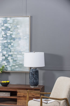 English Elm D16.9''xH28'' Ellis Glass Table Lamp — Coastal Blue Glass Base with Linen Shade for Modern Seaside Style W2078P324077