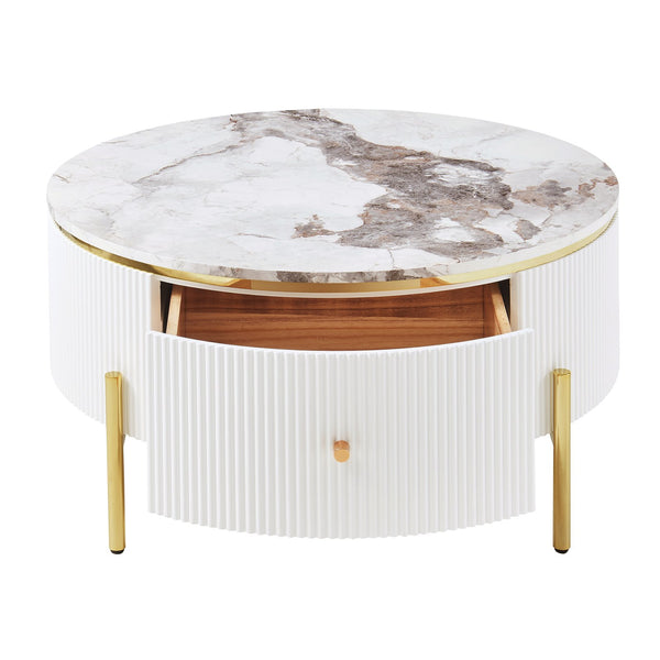 English Elm Modern Round Coffee Table with Dual Drawers for Storage, White MDF Top & Gold Metal Base, 31.5" N735P338995K