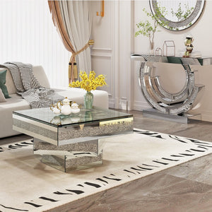 English Elm Modern Glam Square Coffee Table with Mirrored Tiers and Faux Crystal Diamond Inlay W3836P370271
