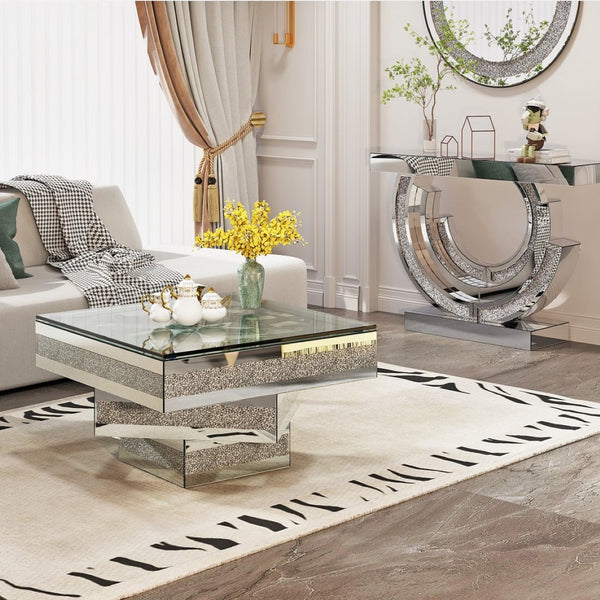English Elm Modern Glam Square Coffee Table with Mirrored Tiers and Faux Crystal Diamond Inlay W3836P370271