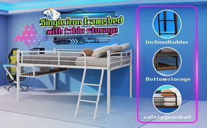 English Elm Full Size Steel Loft Bed with Integrated Desk Led Lighting and Under Bed Storage White W1935P463341