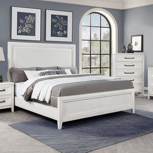 English Elm Inverness Distressed White Queen Bed with Padded Upholstered Headboard, Cottage Farmhouse Charm and Cozy Design B062S01343