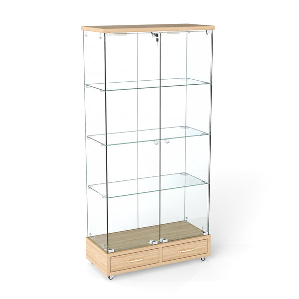 English Elm Modern Glass Display Cabinet With Led Lighting, 2 Drawers & 4 Shelves For Stylish Storage Solutions W241S00060