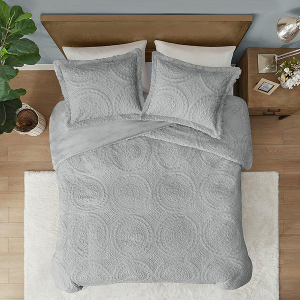 English Elm Full/Queen Arya Embroidered Medallion Faux Fur Ultra Plush Comforter Mini Set – Grey Luxury, Machine Washable, Soft B03597085
