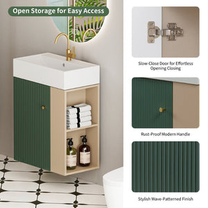 English Elm 21.6" Floating Bathroom Vanity Sage Green Cabinet Ceramic Sink Brushed Copper Accents W1920S00194
