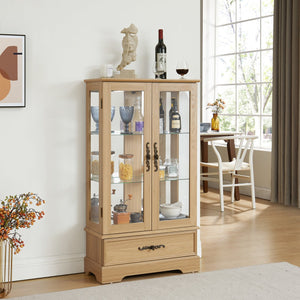 English Elm Lighted Glass Curio Display Cabinet - Elegant Oak Finish, Led Lighting, Adjustable Shelves & Secure Storage W1758P290020