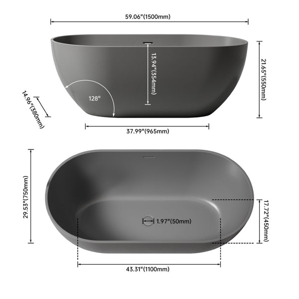 English Elm 59 Inch Freestanding Stone Resin Soaking Tub Sculptural Matte Spa Bath Design T3785P353961