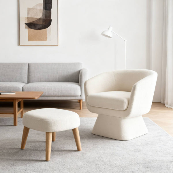 English Elm Lazy Swivel Barrel Chair and Ottoman Set Upholstered Modern Reading Nook Accent Beige+White W2085P381032