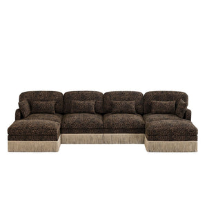 English Elm 131"comfy Chenille Leopard Print U-shaped Sectional with Tassel Trim and Modular Ottomans Brown W5656S00018