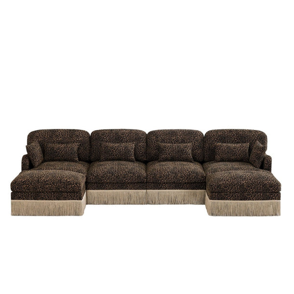 English Elm 131"comfy Chenille Leopard Print U-shaped Sectional with Tassel Trim and Modular Ottomans Brown W5656S00018