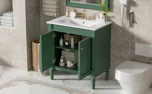 English Elm 30" French Style Bathroom Vanity with Ceramic Basin Soft Close Doors Wood Legs Green N710P415327F