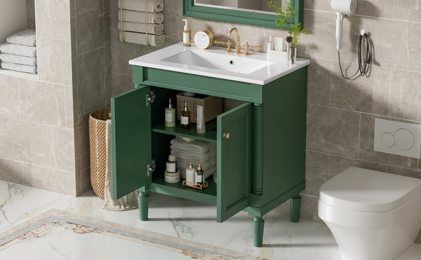 English Elm 30" French Style Bathroom Vanity with Ceramic Basin Soft Close Doors Wood Legs Green N710P415327F