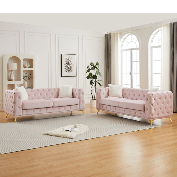 English Elm Fx Velvet Tufted 6 Seat Sofa Set Chesterfield Style with Button Detail Living Room Pink W1926S00085
