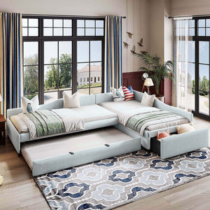 English Elm Upholstered Twin Daybed with Pull Out Trundle Linen Blend Sofa Style Studio Bed GX001316AAA