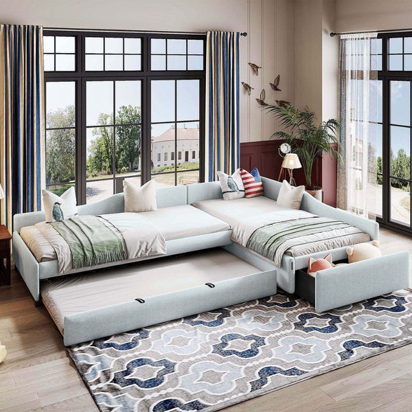 English Elm Upholstered Twin Daybed with Pull Out Trundle Linen Blend Sofa Style Studio Bed GX001316AAA