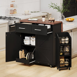 English Elm K&K 47.2" Farmhouse Kitchen Island with Drop Leaf, Removable Side Shelf, Trash Cabinet, Wheels Black N707P307296B