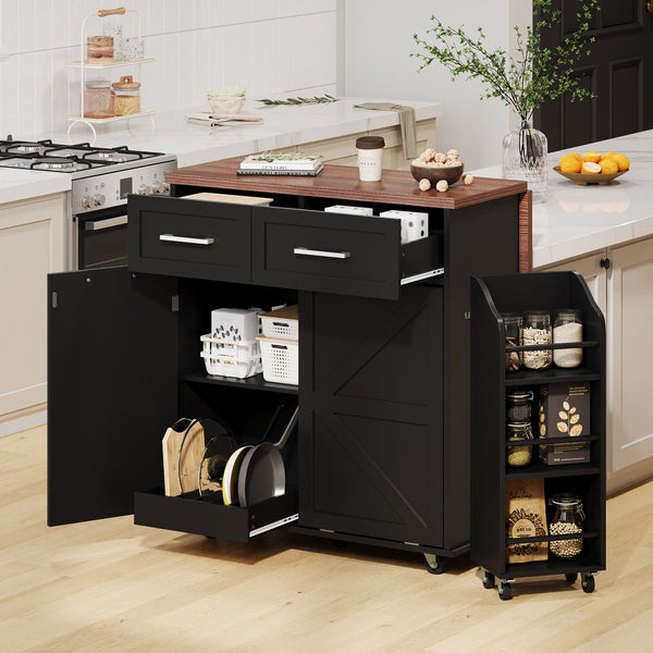 English Elm K&K 47.2" Farmhouse Kitchen Island with Drop Leaf, Removable Side Shelf, Trash Cabinet, Wheels Black N707P307296B