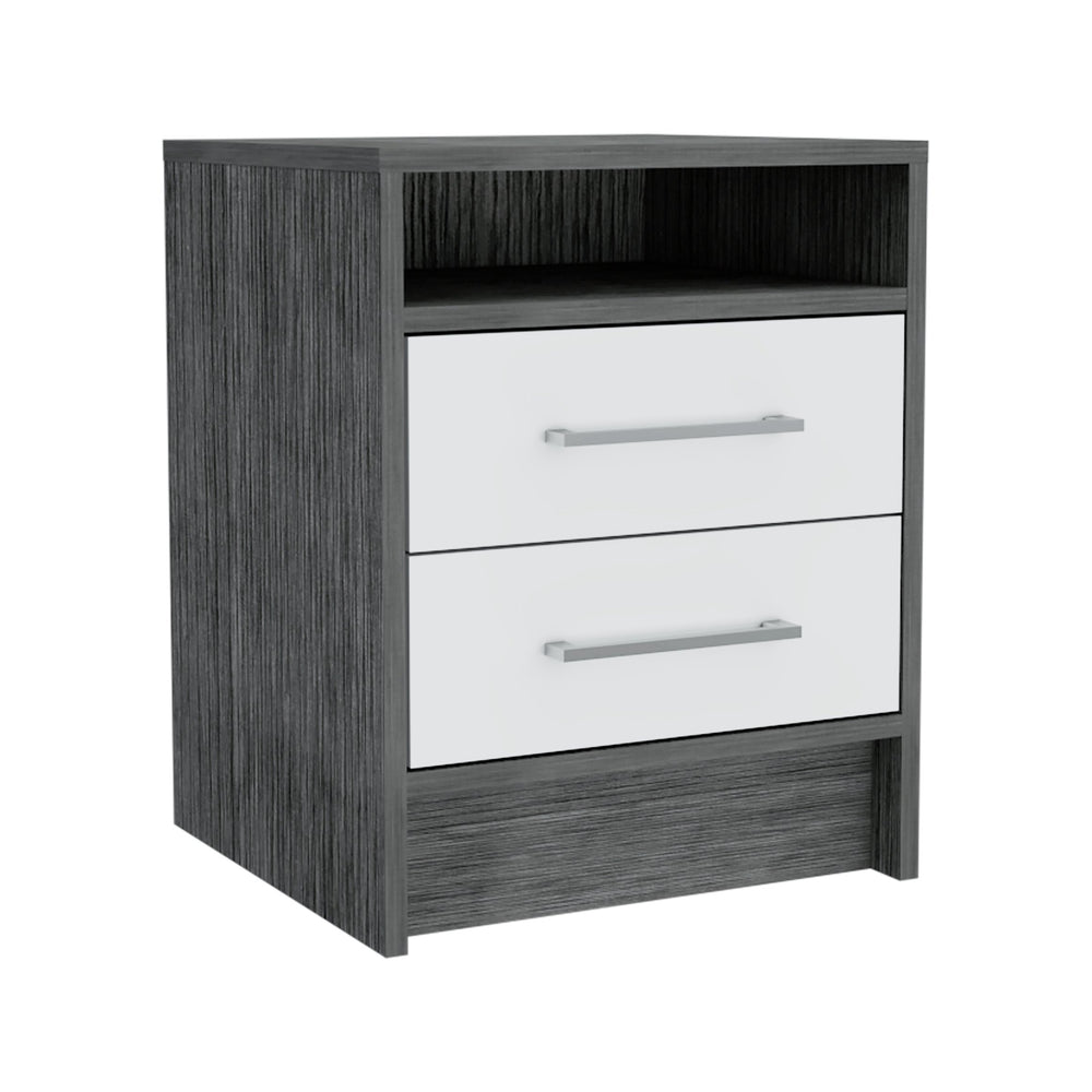 English Elm Philadelphia Nightstand Smokey Oak White – Elegant 2-Drawer Bedside Table with Concealed Shelf, Metal Pulls B128P148955