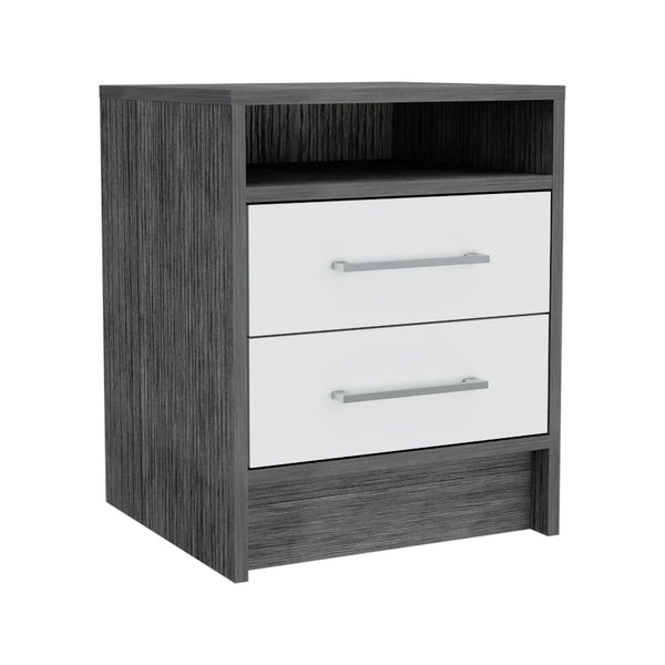 English Elm Philadelphia Nightstand Smokey Oak White – Elegant 2-Drawer Bedside Table with Concealed Shelf, Metal Pulls B128P148955