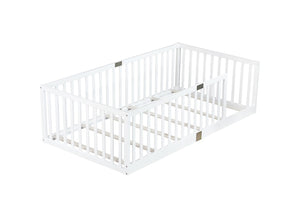 English Elm Twin House Frame Floor Bed Rubberwood with Roof Canopy and Safety Rails for Kids White W504P429530