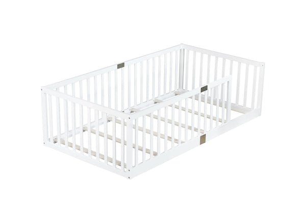 English Elm Twin House Frame Floor Bed Rubberwood with Roof Canopy and Safety Rails for Kids White W504P429530