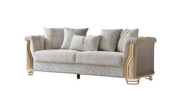English Elm Chateau Three Piece Living Room Sofa Set Cream Upholstery Gold Steel Legs Glam B009S02179