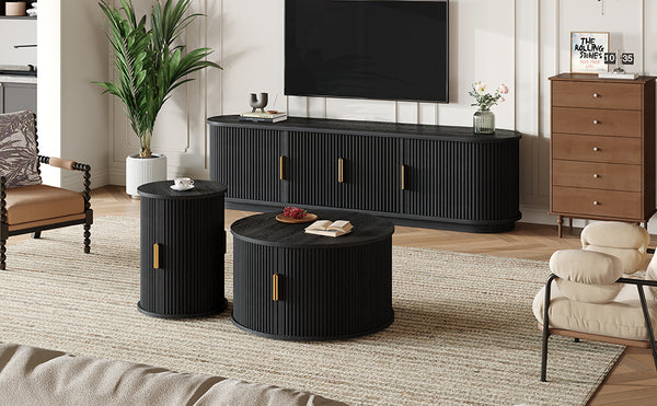 English Elm [Assembly Wooden TV Stand & Coffee Table Set with Fluted Sliding Doors, Golden Handles, Cable Management, Farmhouse Appeal Black N721S000053B