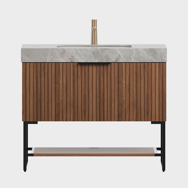 English Elm YOLAN 36" Bathroom Vanity with Integrated Solid Surface Basin, Pre-Assembled Plywood Cabinet, Soft-Close Drawer and Open Towel Shelf Black,Dark Walnut,Light Gray,White W2615S00373