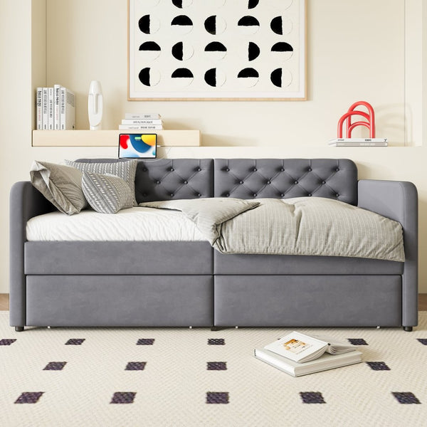 English Elm Twin Velvet Daybed with Storage Drawers Tufted Sofa Bed for Guest or Studio Rooms W1670P410536
