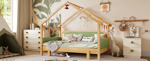 English Elm Twin Pine Treehouse Floor Bed with Padded Rails and Cabin Roofline for Kids Green W1580S00384