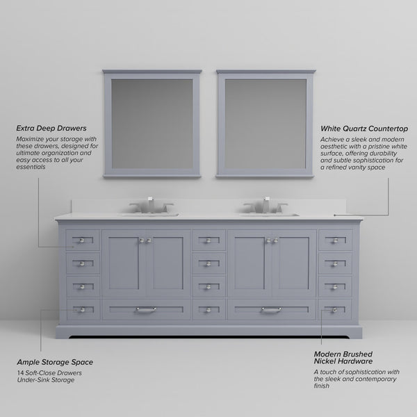 English Elm Dark Grey 84" Double Bath Vanity with White Quartz Top, Solid Wood, 14 Drawers, Soft-Close Storage B2731P258302