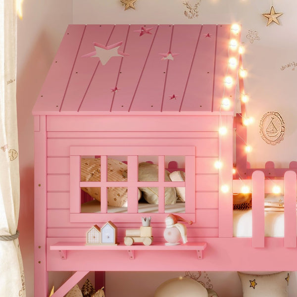 English Elm Twin Playhouse Loft Bed Solid Pine Frame with Slide Led Lights and Star Roof Pink W5316S00003