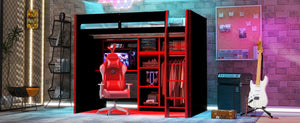 English Elm Full Size Loft Bed with Rgb Lighting Desk Open Wardrobe and Storage for Gaming Rooms Red LT000277AAR